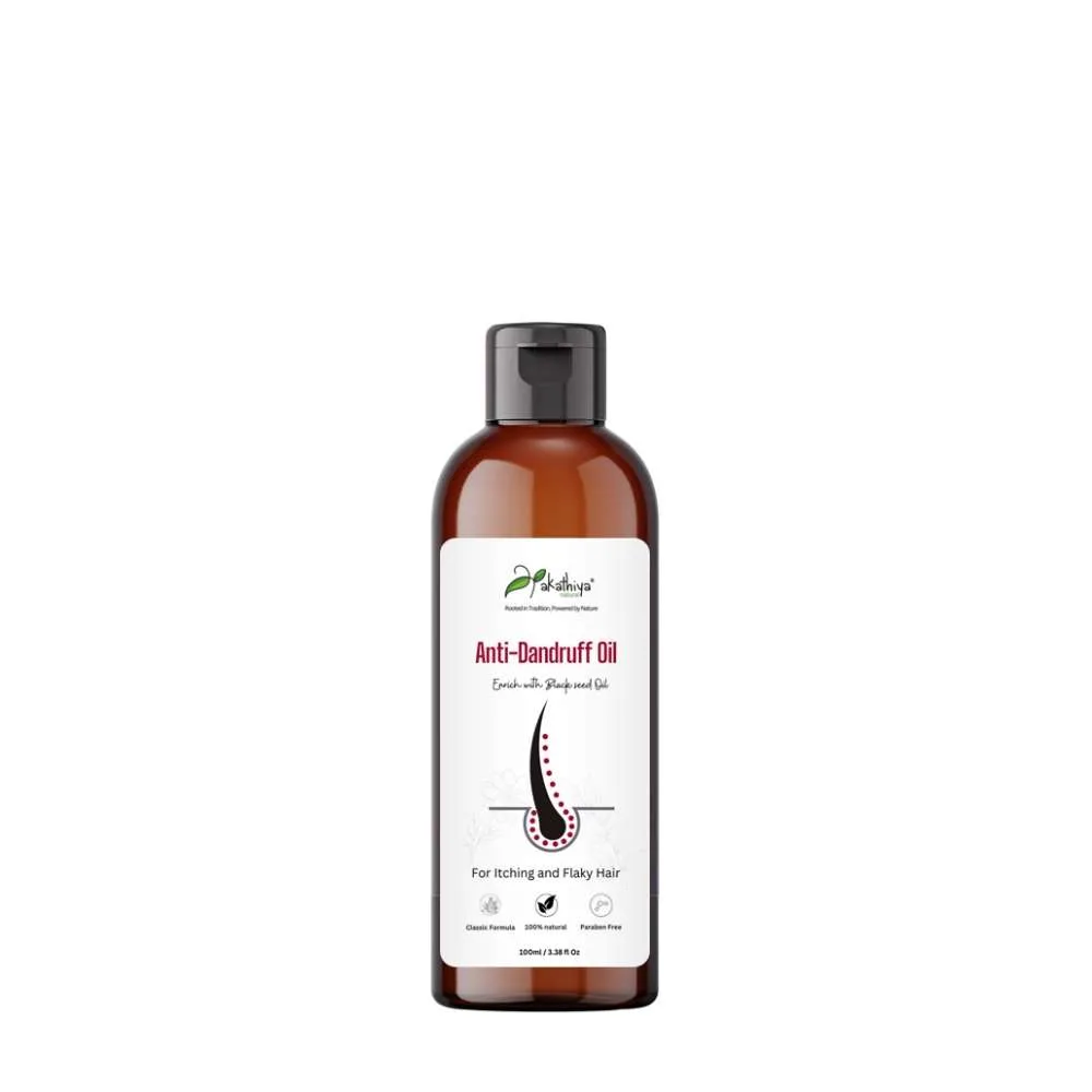 "Akathiya Natural Anti-Dandruff Oil bottle featuring a blend of Wrightia Tinctoria Leaf Oil and Black Seed Oil. Natural scalp care for healthy, flake-free hair."